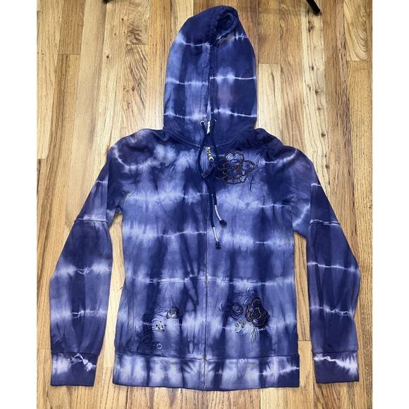 Free People Tops - Free People Hoodie Womens Medium Full Zip Embroidery Tie Dye Purple BOHO